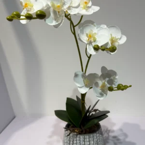 HD008-artificial white orchid in silver pot