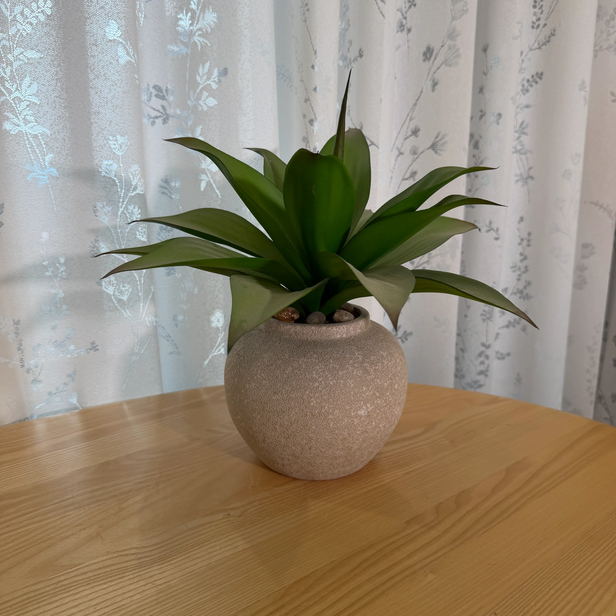 DR0072 (5)Faux Agave Plant in Beige Textured Round Pot