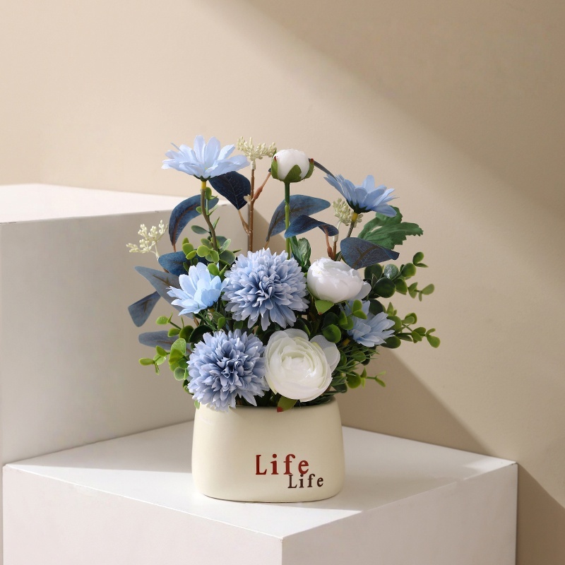 ZH0033 (1) - Artificial Green & White Floral Potted Plant