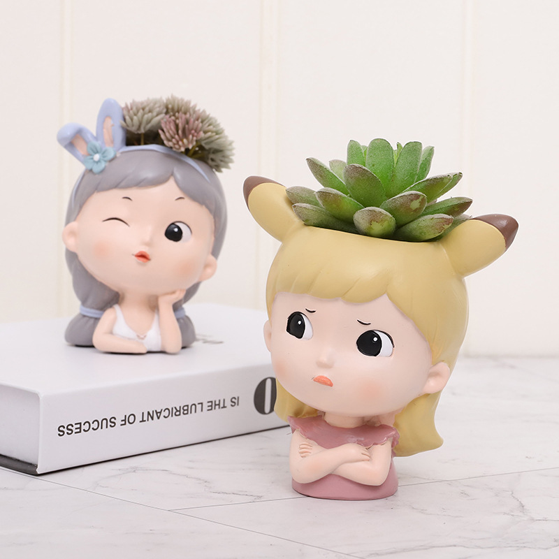 KT0004 (2) - Cute Cartoon Girl Resin Succulent Planter Set