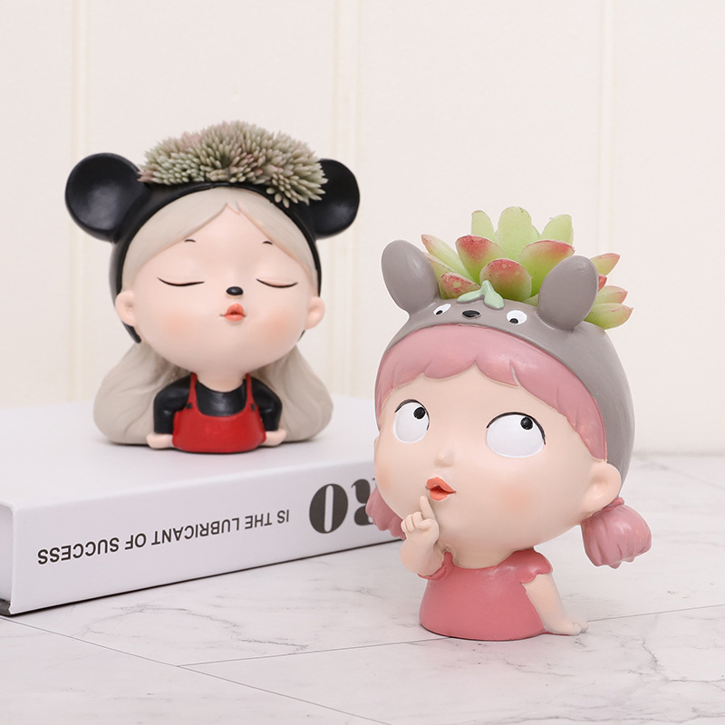 KT0004 (4) - Cute Cartoon Girl Resin Succulent Planter Set