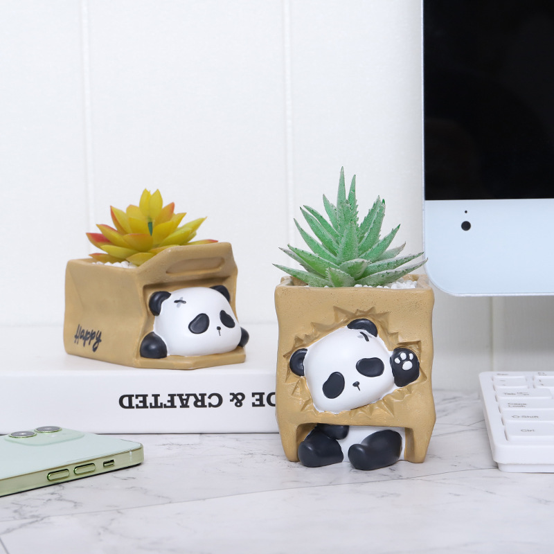 KT0007 (2) - Cute Peeking Panda Resin Succulent Planter Set
