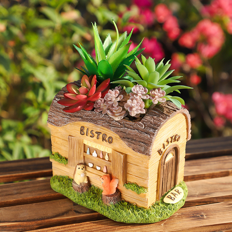 KT0009 (2) - Fairy Tale Cottage Resin Succulent Planter Set