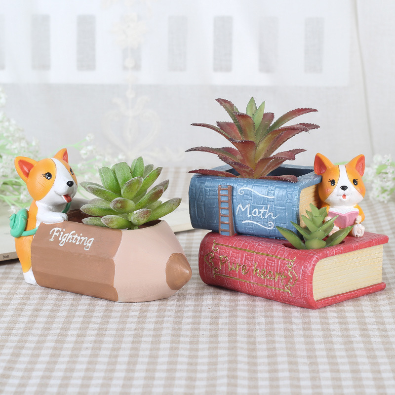 KT0016 (1) - Cute Corgi Resin Succulent Planter Set