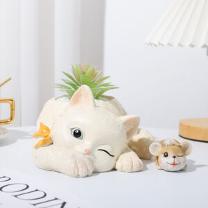 KT0019 (4) profile - Cute Sleeping Cat & Mouse Resin Succulent Planter