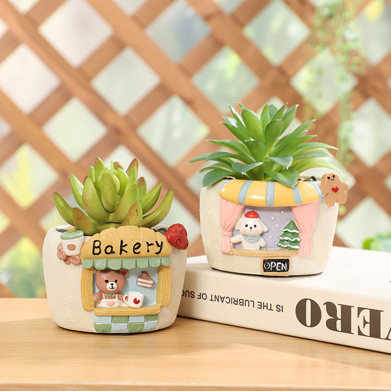 KT0022 (1) - Cute Shopfront Resin Succulent Planter Set