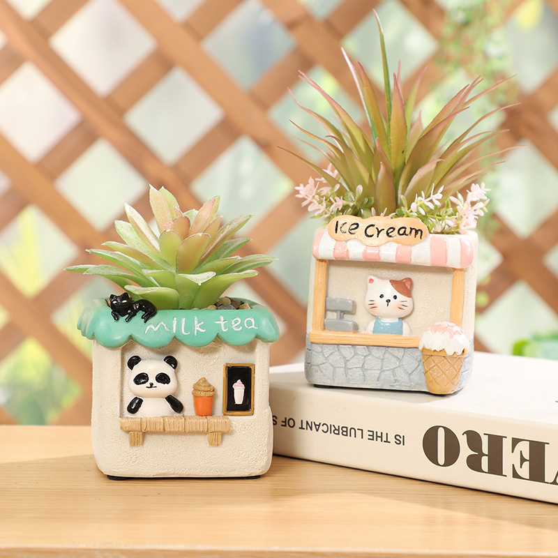 KT0022 (2) - Cute Shopfront Resin Succulent Planter Set