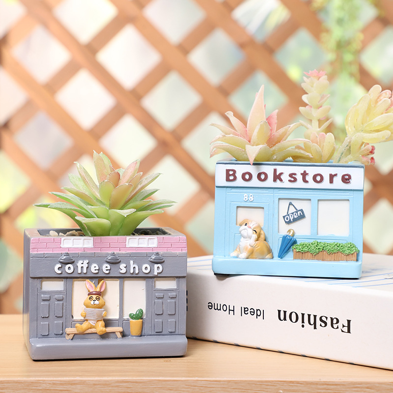 KT0023 (1) - Cute Corgi Shopfront Resin Succulent Planter Set