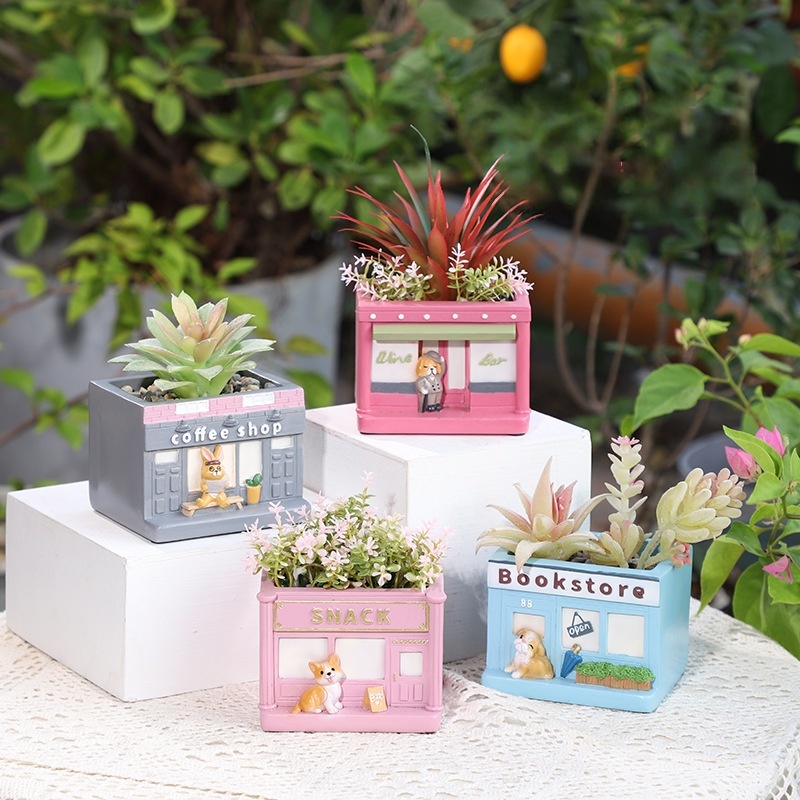KT0023 (2) profile - Cute Corgi Shopfront Resin Succulent Planter Set