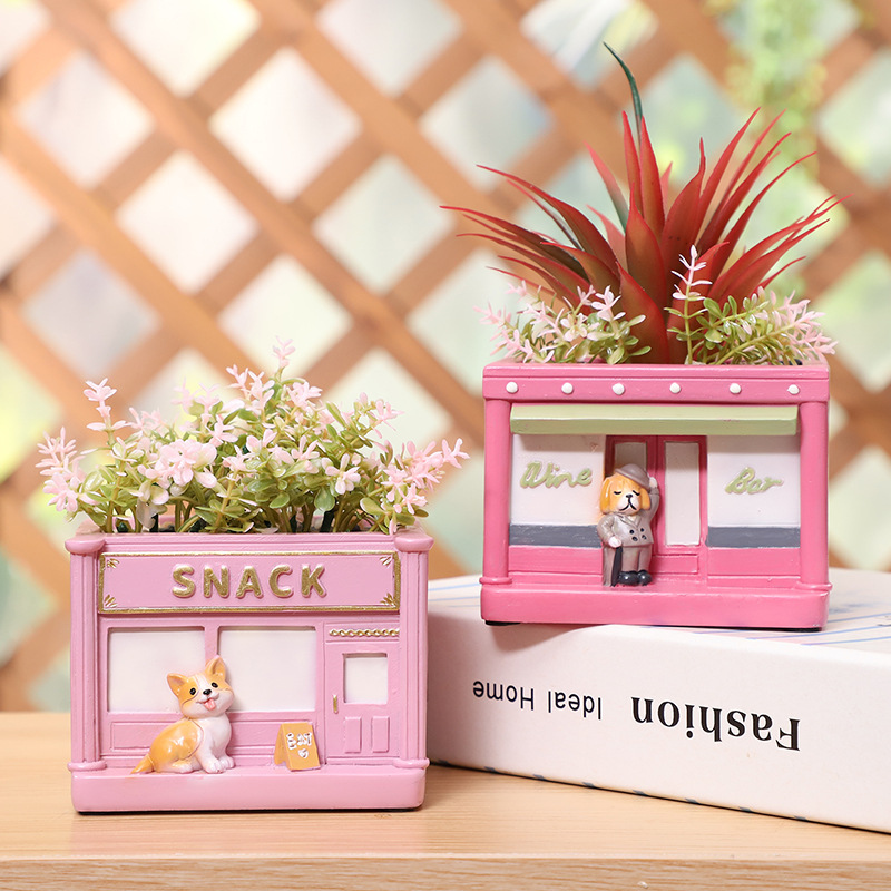 KT0023 (3) - Cute Corgi Shopfront Resin Succulent Planter Set
