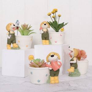 KT0036 (4) profile - Cute Gardener Dog Resin Succulent Planter Set
