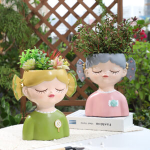 KT0056 (2) profile - Sweet Pigtail Girl Resin Succulent Planters