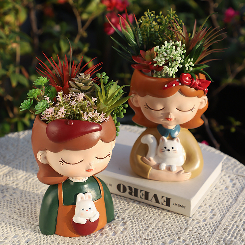 KT0058 (2) - Cozy Girl & Pet Resin Succulent Planters