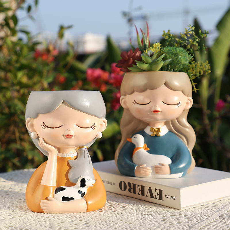 KT0058 (3) - Cozy Girl & Pet Resin Succulent Planters