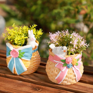 KT0059 (4) Rattan Woven Bunny & Bird Resin Planters