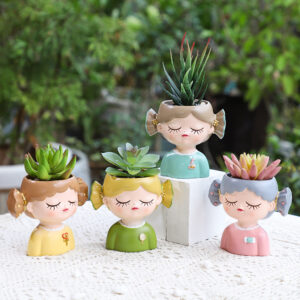 KT0079 (2) profile - Cute Pigtail Girl Resin Succulent Planters