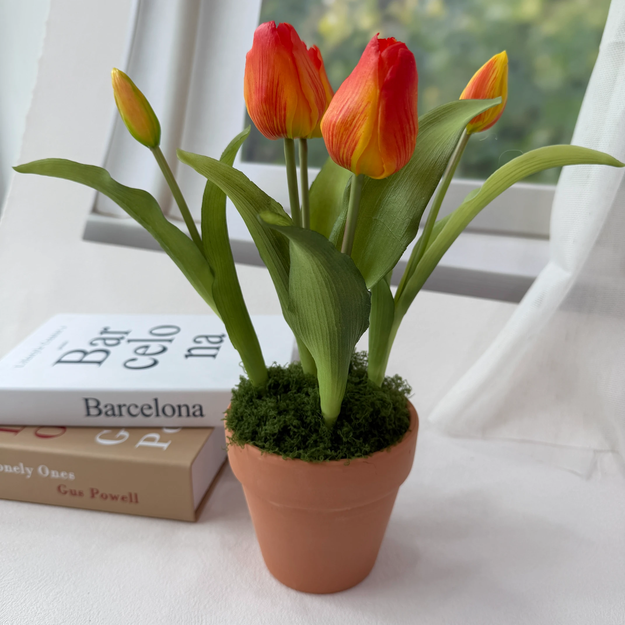SE0019 (6) - Artificial Red & Yellow Variegated Tulip Arrangement