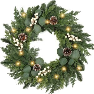 WCH0007 (2) profile - Frosted Pinecone & White Berry Wreath with Warm LED Lights