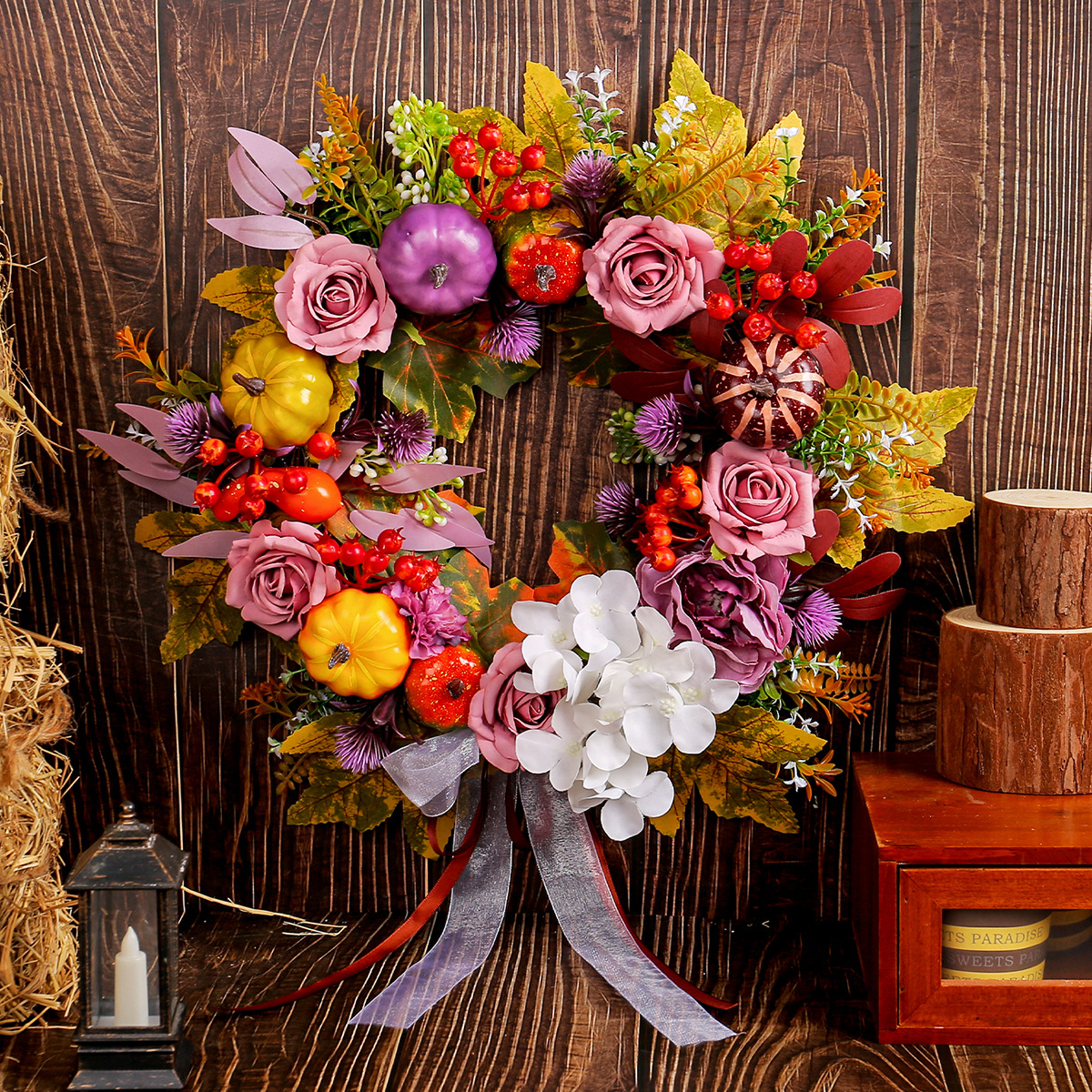 WFA0035 (1) - Artificial Rose & Pumpkin Fall Wreath